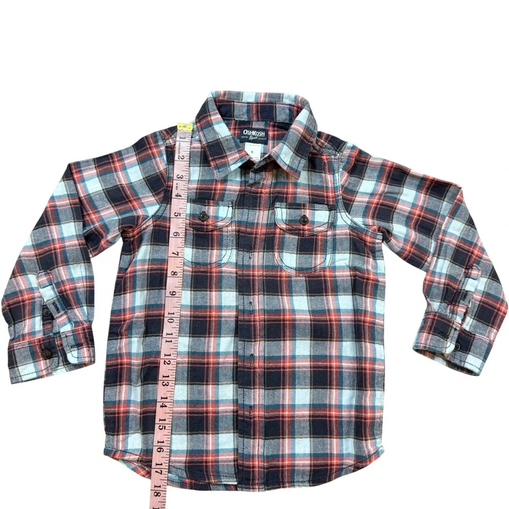 OshKosh Bgosh Boys Plaid Flannel‎ Button Down Shirt Orange Blue Size 6 31372311